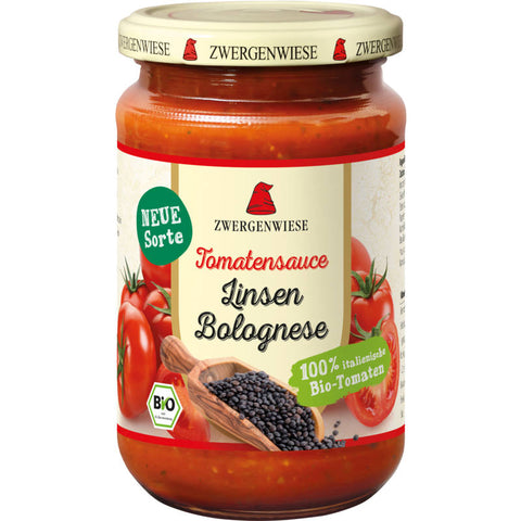 Glas Tomatensauce Linsen Bolognese, eine vegane Alternative zur klassischen Bolognese-Sauce, reich an Proteinen und Ballaststoffen, ideal für Pasta-Gerichte.