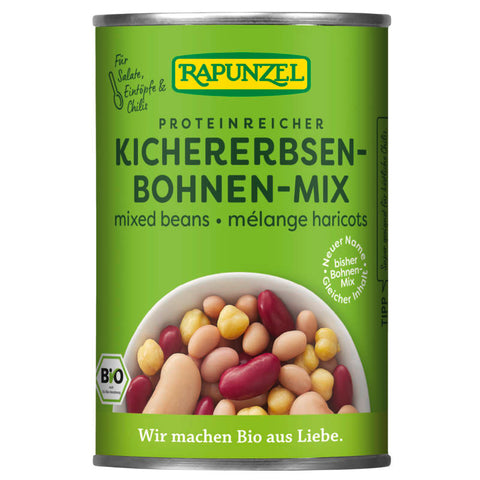 Eine bunte Mischung aus verschiedenen Bohnenarten, darunter Kidneybohnen, schwarze Bohnen und weiße Bohnen, in einer transparenten Verpackung.