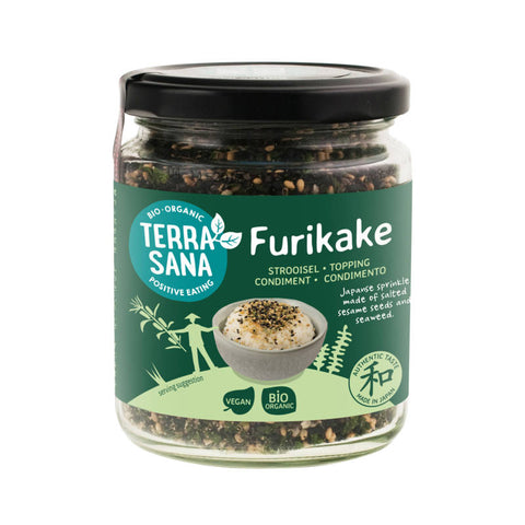 Ein Glas Furikake-Gewürzmischung, ideal zum Verfeinern von Reisgerichten und japanischen Speisen.