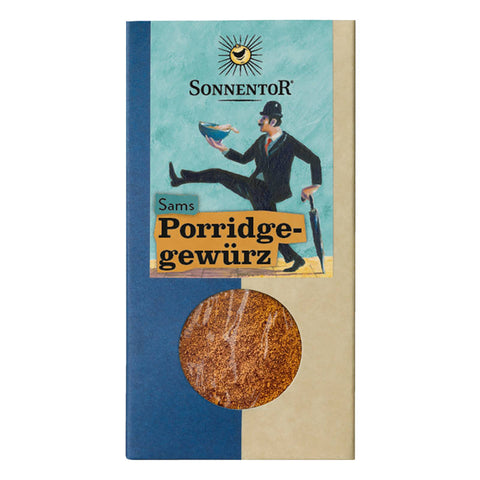 Sams Porridge Gewürz in einer stilvollen Verpackung, ideal zum Verfeinern von Frühstücksbreien mit einer aromatischen Mischung aus Zimt, Vanille und Muskatnuss.