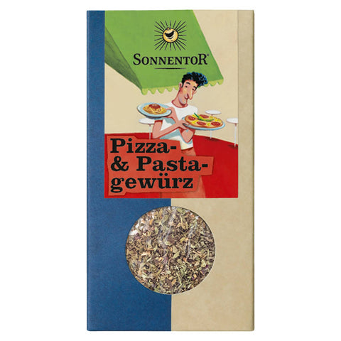 Eine Gewürzmischung für Pizza und Pasta in einem Glasbehälter, bestehend aus getrockneten Kräutern und Gewürzen wie Oregano, Basilikum, Thymian und Knoblauch, ideal zum Verfeinern italienischer Gerichte.