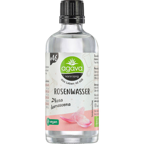 Flasche mit hochwertigem Rosenwasser, ideal zur Hautpflege und Erfrischung, auf einem weißen Hintergrund.