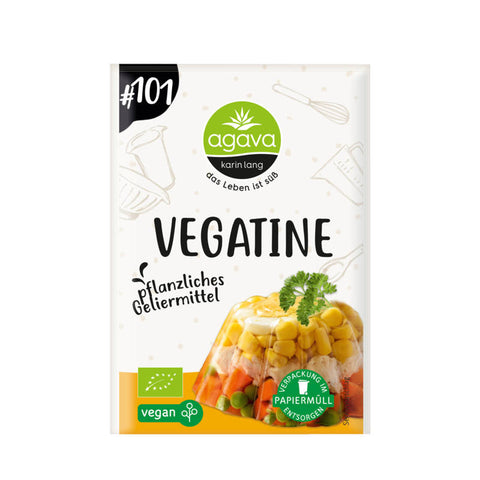 Vegatine - pflanzliches Geliermittel in einer umweltfreundlichen Verpackung, ideal für vegane und vegetarische Rezepte, sorgt für perfekte Konsistenz in Desserts und Gelees.