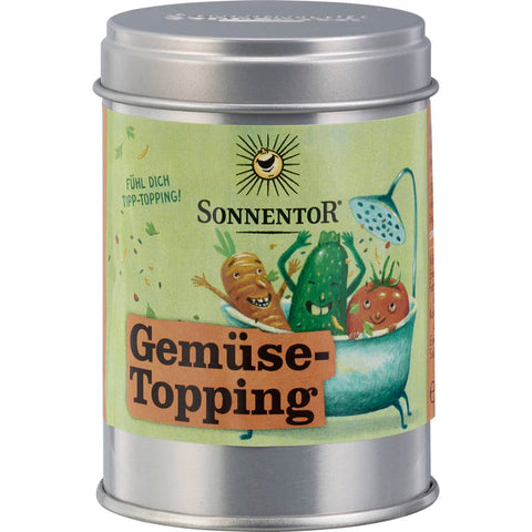 Gemüsetopping Gewürzzubereitung in einer transparenten Gewürzdose, gefüllt mit einer bunten Mischung aus getrockneten Kräutern und Gewürzen, ideal zum Verfeinern von Gemüsegerichten.