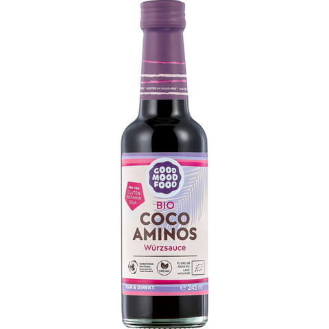 Flasche Coco Aminos Würzsauce, eine glutenfreie und sojafreie Alternative zu Sojasauce, ideal zum Verfeinern von Gerichten und Marinaden.