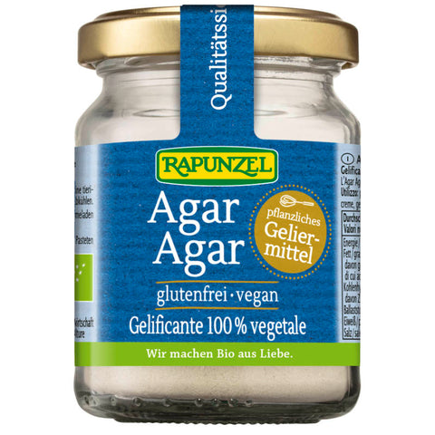 Ein Glasbehälter mit Agar Agar Pulver, einem pflanzlichen Geliermittel, ideal für vegane und vegetarische Rezepte. Das Pulver ist fein gemahlen und von hoher Qualität, perfekt für die Zubereitung von Desserts, Gelees und anderen kulinarischen Kreationen.