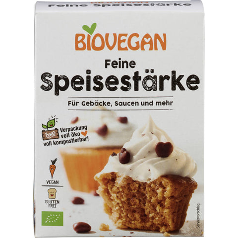 Eine Packung Speisestärke in weißer Verpackung mit rotem und blauem Aufdruck, ideal zum Andicken von Soßen, Suppen und Desserts.