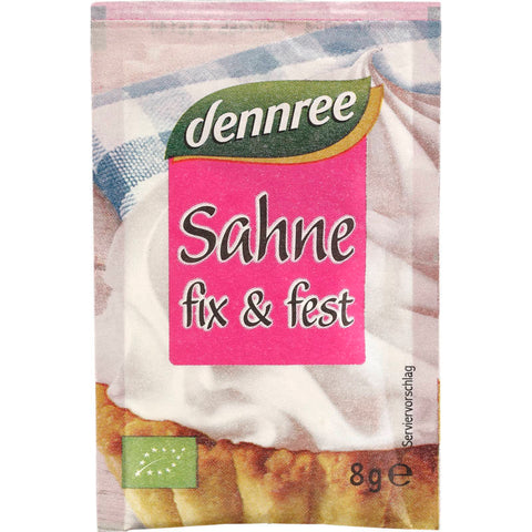 Verpackung von Sahne fix & fest, 4x 8g Beutel, zur schnellen und einfachen Zubereitung von steifer Sahne.