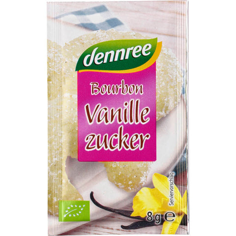 Vier Packungen Bourbon-Vanillezucker à 8g, ideal zum Verfeinern von Desserts, Gebäck und Getränken.