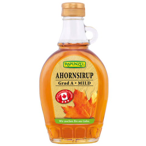 Flasche mit Ahornsirup Grad A - Mild, goldene Farbe, ideal zum Verfeinern von Pfannkuchen, Waffeln und Desserts.