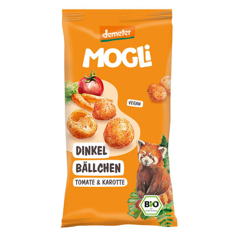 Packung Dinkel Bällchen Tomate & Karotte – Knusprige Snacks aus Dinkelmehl mit Tomaten- und Karottengeschmack, ideal für eine gesunde Zwischenmahlzeit.