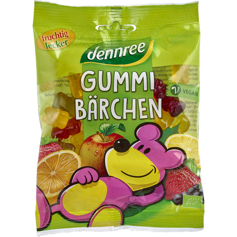 Eine Tüte bunter veganer Gummibärchen in verschiedenen Geschmacksrichtungen, ideal für eine tierfreundliche Nascherei.