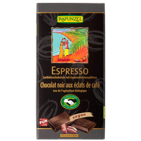 Zartbitterschokolade mit Espresso-Geschmack, in einer eleganten Verpackung, die die perfekte Kombination aus intensiver Schokolade und aromatischem Espresso bietet.