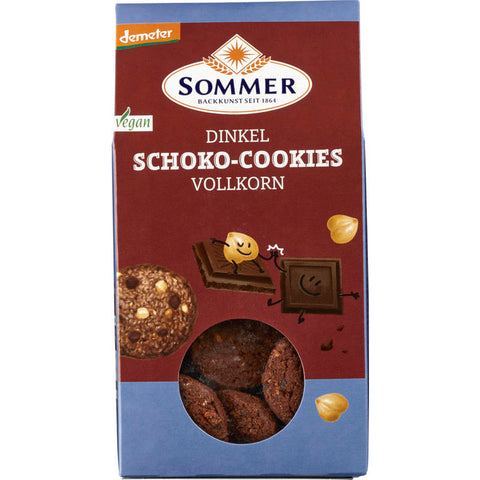 Eine Packung Dinkel Schoko-Cookies, knusprige Kekse aus Dinkelmehl mit Schokoladenstückchen, ideal für einen leckeren Snack oder zum Teilen mit Freunden.