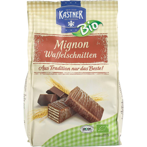 Eine Packung Mignon Waffeln, knusprige Waffelblätter gefüllt mit zarter Haselnusscreme, perfekt für den kleinen Genuss zwischendurch.