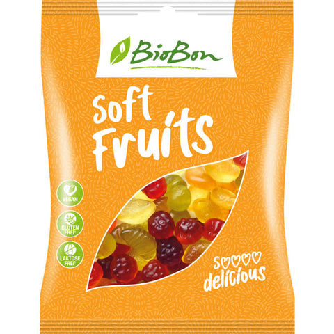 Soft Fruits ohne Gelatine - Bunte, weiche Fruchtgummis in verschiedenen Geschmacksrichtungen, vegan und frei von tierischen Inhaltsstoffen.