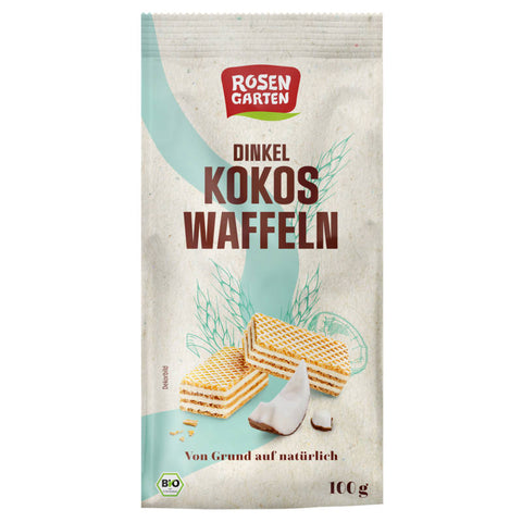 Eine Packung Dinkel-Kokoswaffeln, knusprige Waffeln aus Dinkelmehl mit einem Hauch von Kokosgeschmack, ideal als gesunder Snack oder zum Frühstück.