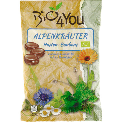 Eine Tüte Alpenkräuter Bonbons, gefüllt mit wohltuenden Kräuterbonbons aus natürlichen Alpenkräutern, ideal zur Beruhigung des Halses und zur Erfrischung des Atems.