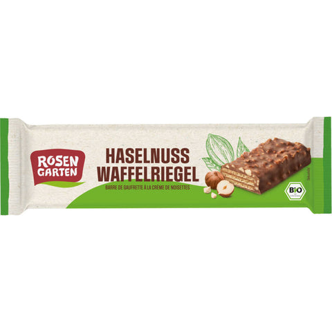 Ein köstlicher Haselnuss Waffelriegel, bestehend aus knusprigen Waffelschichten, gefüllt mit cremiger Haselnussfüllung und überzogen mit zarter Schokolade.