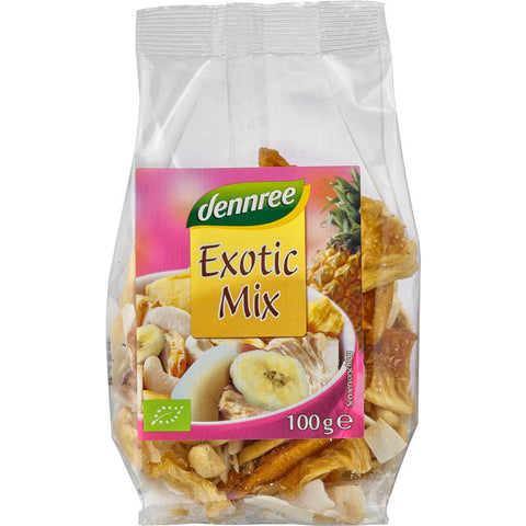 Exotic-Mix: Eine bunte Mischung aus getrockneten exotischen Früchten wie Ananas, Mango, Papaya und Kokosnuss, perfekt als gesunder Snack oder zum Verfeinern von Müsli und Desserts.