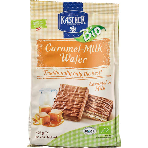 Eine Packung Caramel-Milch Waffeln, knusprige Waffeln mit einer cremigen Karamell- und Milchfüllung. Perfekt für einen süßen Snack oder zum Teilen mit Freunden und Familie.