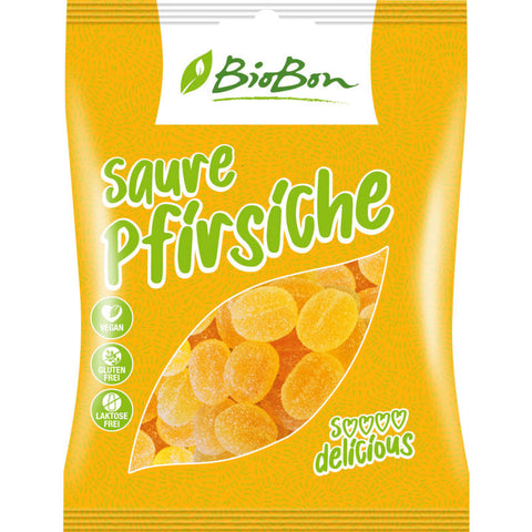 Saure Pfirsiche ohne Gelatine – Vegane Fruchtgummis in Pfirsichform mit saurem Zuckerüberzug, ideal für Naschkatzen und Gelatine-Vermeider.