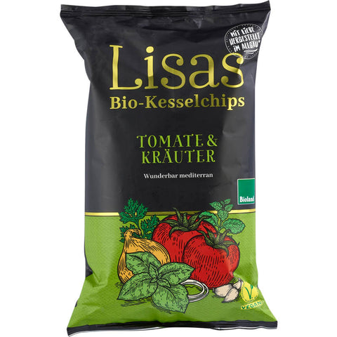 Eine Tüte Kesselchips mit Tomate und Kräutern, knusprige Kartoffelchips mit intensiven Aromen von fruchtiger Tomate und aromatischen Kräutern.