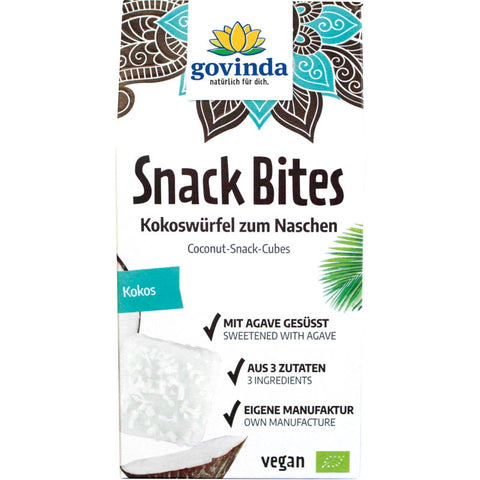 Snack Bites Kokos in einer weißen Verpackung mit blauen und grünen Akzenten, gefüllt mit knusprigen Kokosnussstückchen, ideal für einen gesunden und leckeren Snack unterwegs.