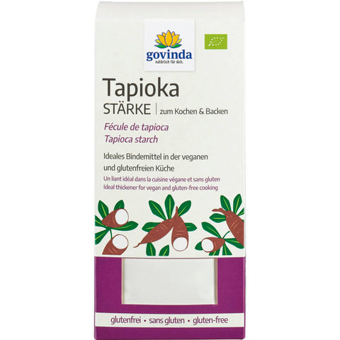 Tapioka-Stärke in einer transparenten Verpackung, ideal zum Andicken von Saucen, Suppen und Desserts, glutenfrei und vielseitig einsetzbar in der Küche.