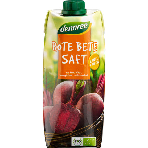 Flasche mit frischem Rote-Bete-Saft, reich an Nährstoffen und leuchtend roter Farbe, ideal für eine gesunde Ernährung und natürliche Energie.