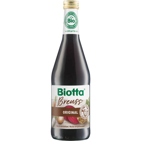 Breuss Original Saftflasche mit frischem Gemüse- und Fruchtsaft, reich an Vitaminen und Nährstoffen, ideal für eine gesunde Ernährung.