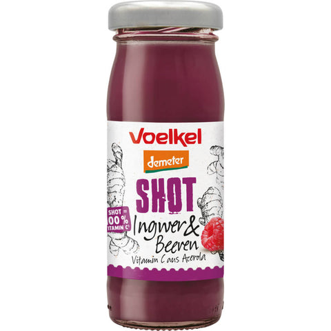 Flasche mit Shot aus Ingwer und Beeren, reich an Vitaminen und Antioxidantien, auf einem weißen Hintergrund