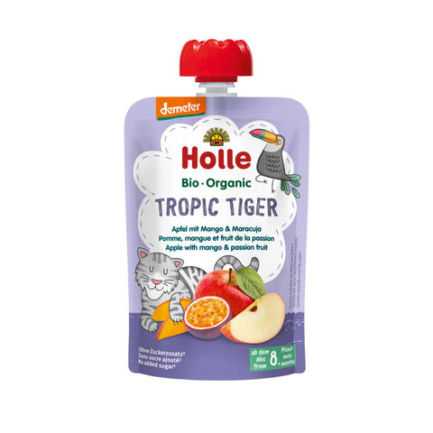 Erfrischendes Getränk Tropic Tiger mit Apfel, Mango und Maracuja Geschmack in einer farbenfrohen Verpackung