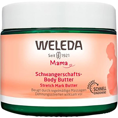 Schwangerschafts-Body Butter in einer eleganten, weißen Dose mit einem beruhigenden Duft, speziell formuliert, um die Haut während der Schwangerschaft zu pflegen und zu hydratisieren.