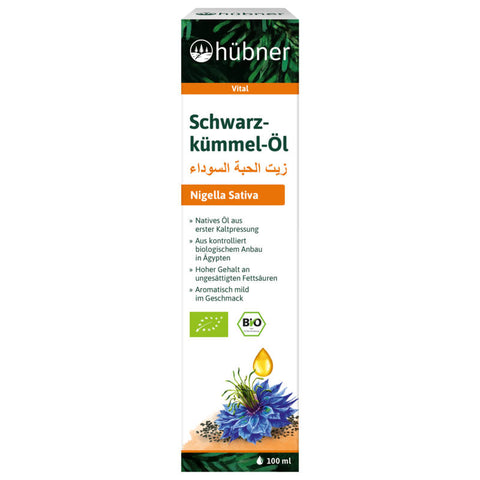 Schwarzkümmel-Öl in einer braunen Glasflasche mit Etikett, das die natürlichen und hochwertigen Inhaltsstoffe hervorhebt. Ideal für kulinarische und gesundheitliche Anwendungen.