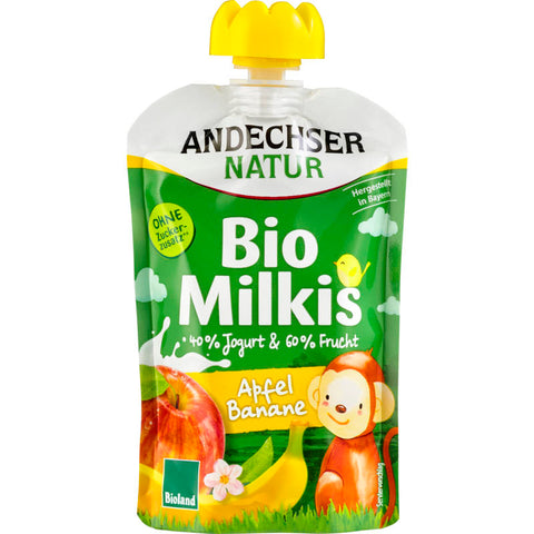 Eine Dose Milkis Apfel-Banane, ein kohlensäurehaltiges Erfrischungsgetränk mit Apfel- und Bananengeschmack, vor einem neutralen Hintergrund.