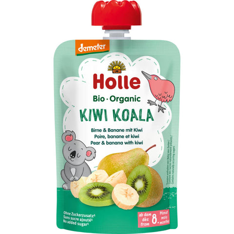 Ein Glas mit Babynahrung der Sorte Kiwi Koala Birne & Banane mit Kiwi. Die Verpackung zeigt eine Illustration eines niedlichen Koalas und frische Früchte wie Birne, Banane und Kiwi.