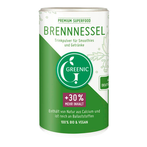 Brennnessel Trinkpulver in einer umweltfreundlichen Verpackung, reich an Nährstoffen und ideal für gesunde Smoothies und Getränke.