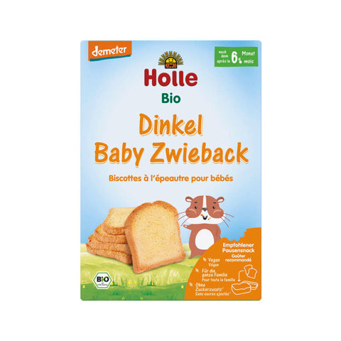 Packung Baby Dinkelzwieback, gesunder und knuspriger Snack für Kleinkinder, hergestellt aus Dinkelmehl, ideal für kleine Hände und zahnende Babys.