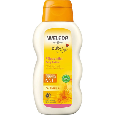 Flasche mit Calendula Pflegemilch, sanfte Hautpflege für empfindliche Haut, natürliche Inhaltsstoffe, beruhigende und feuchtigkeitsspendende Wirkung