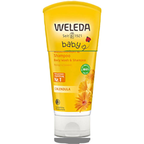 Flasche Calendula Waschlotion & Shampoo mit natürlicher Pflegeformel, ideal für empfindliche Haut und Haare. Enthält beruhigende Ringelblumenextrakte.