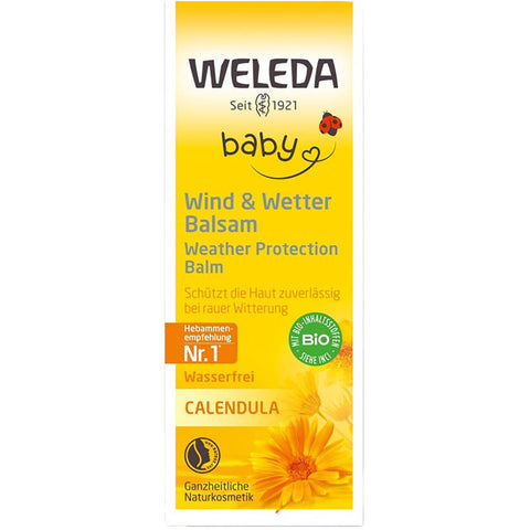 Calendula Wind & Wetter Balsam in einer gelben Tube, idealer Schutz für empfindliche Haut bei rauem Wetter, angereichert mit beruhigender Ringelblume.