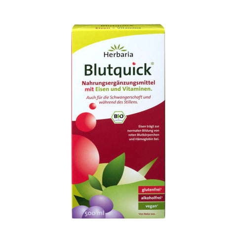 Blutquick - Eisen- und Vitaminpräparat in einer braunen Glasflasche mit rotem Etikett, ideal zur Unterstützung des Blutbildes und zur Förderung der Vitalität.