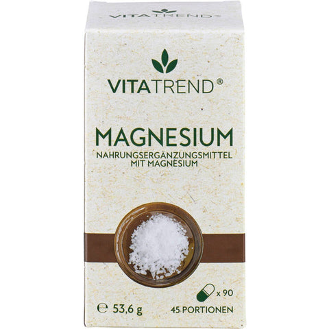 Magnesium Kapseln in einer weißen Flasche mit grünem Etikett, auf dem 'Magnesium' und die Dosierungsinformationen zu sehen sind. Die Kapseln sind für die Unterstützung der Muskel- und Nervenfunktion gedacht.