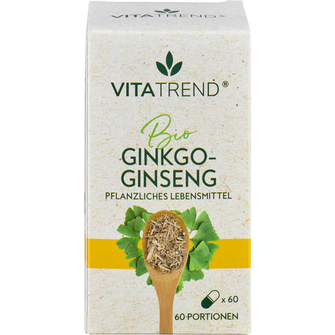 Eine Flasche Ginkgo-Ginseng Kapseln, die natürliche Inhaltsstoffe zur Unterstützung der geistigen Leistungsfähigkeit und des allgemeinen Wohlbefindens enthält.