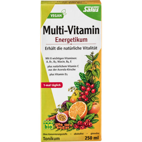 Flasche mit Multi-Vitamin Energetikum, angereichert mit essentiellen Vitaminen und Mineralstoffen zur Unterstützung von Energie und Wohlbefinden.