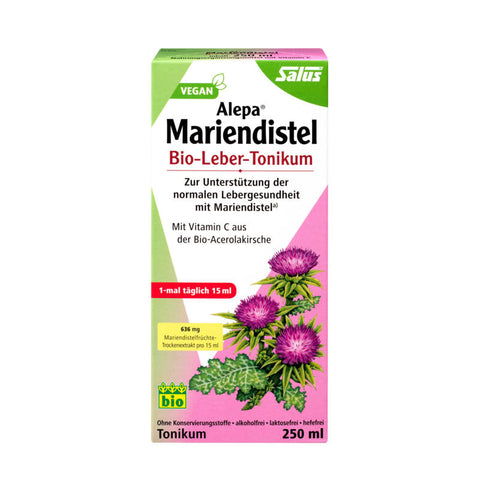 Produktbild der Alepa® Mariendistel Leber Toni, einer Nahrungsergänzung zur Unterstützung der Lebergesundheit, in einer weißen Flasche mit grünem Etikett und Mariendistel-Abbildung.