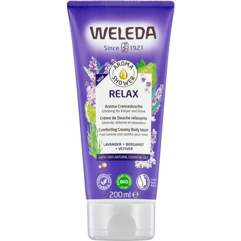 Aroma Cremedusche Relax in einer lila Flasche mit beruhigendem Lavendelduft, ideal für ein entspannendes Duscherlebnis.