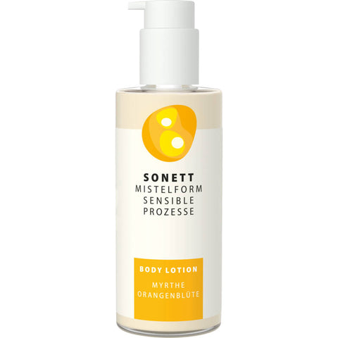 Body Lotion Myrthe - Orangenblüte in einer eleganten Flasche, umgeben von frischen Myrthenzweigen und Orangenblüten.