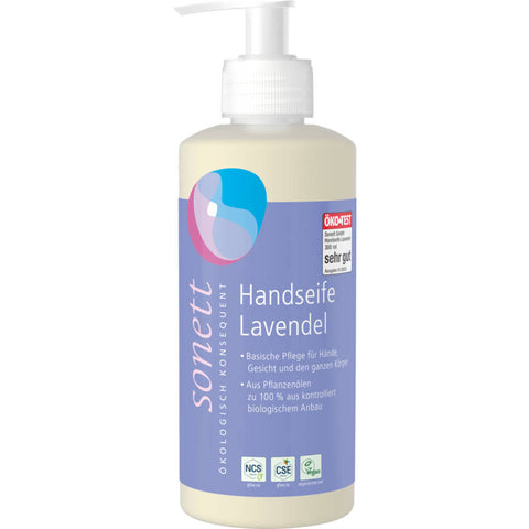 Flasche Handseife mit Lavendelduft, lila Etikett und Pumpspender